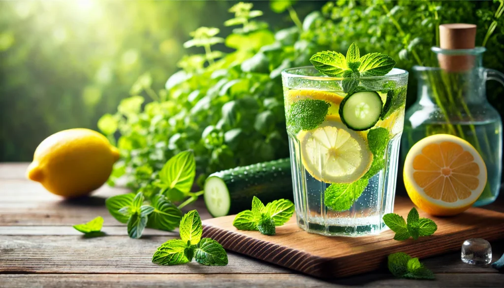 A refreshing glass of detox water infused with lemon, cucumber, and mint, placed on a wooden table with fresh green herbs and soft natural light, evoking hydration, cleansing, and rejuvenation