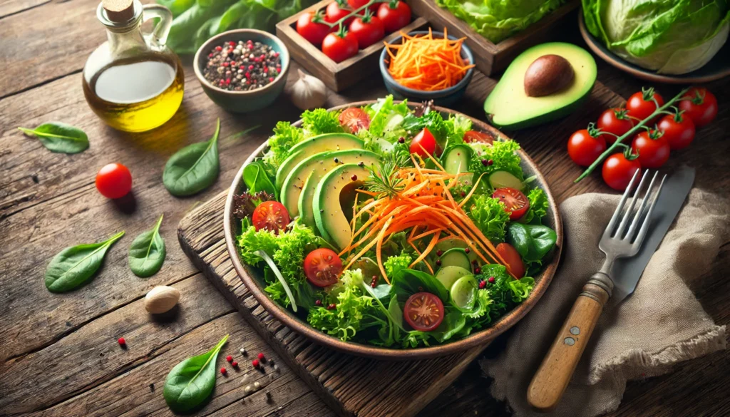  A colorful plate of fresh detox salad with leafy greens, avocado, cherry tomatoes, shredded carrots, and a light vinaigrette dressing, arranged on a rustic wooden table, showcasing nutritious whole foods for a healthy cleanse