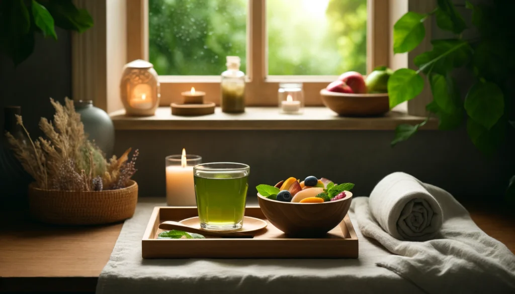 A serene spa-like setting with a wooden tray holding a detoxifying green tea, a bowl of mixed fruits, and a candle, near a softly lit window with greenery outside, embodying relaxation, self-care, and the holistic benefits of a detox cleanse