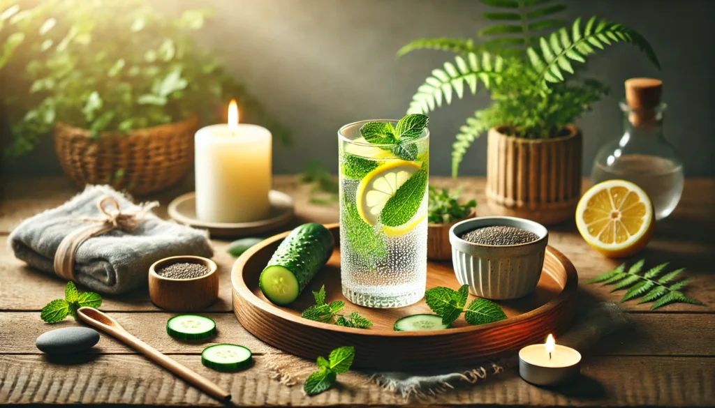 A tranquil spa-inspired setting featuring a wooden tray with a glass of infused detox water containing lemon, mint, and cucumber, surrounded by fresh herbs, chia seeds, and a lit candle, creating a peaceful cleansing atmosphere