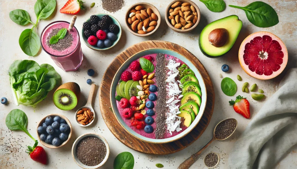 A top-down view of a nutritious detox smoothie bowl made with blended berries, topped with chia seeds, coconut flakes, and sliced fruit, surrounded by fresh ingredients like avocados, nuts, and leafy greens on a wooden table