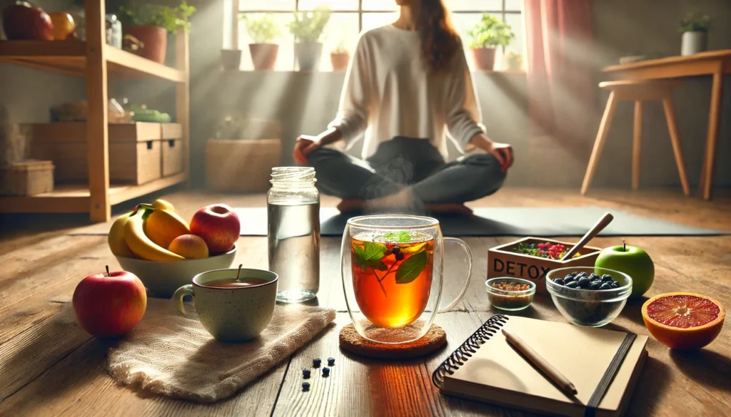 A serene morning wellness routine with a person sitting cross-legged on a yoga mat, holding a steaming glass of detox tea, with a bowl of fresh fruit, a water bottle, and a journal nearby, bathed in soft natural light