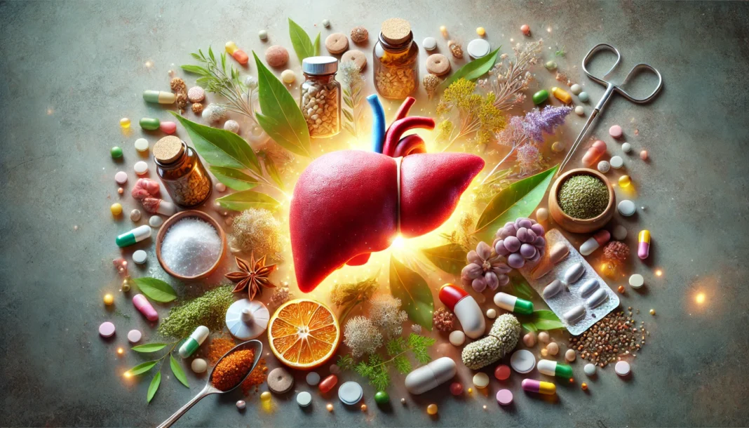 A glowing, healthy liver surrounded by natural herbal remedies and pharmaceutical pills, representing treatment options for fatty liver in a clinical yet warm setting