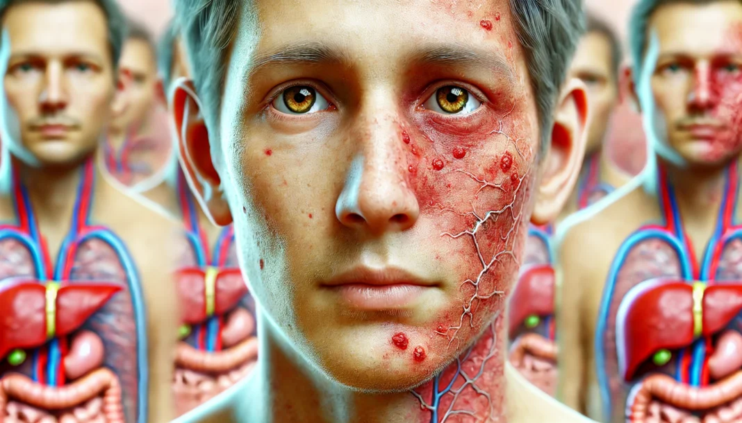 A detailed medical illustration of a person's face and neck displaying early liver disease symptoms, including visible red spots, mild yellowing around the eyes, persistent itchiness, broken capillaries, and minor rashes on the cheeks and neck. The background is softly blurred for emphasis