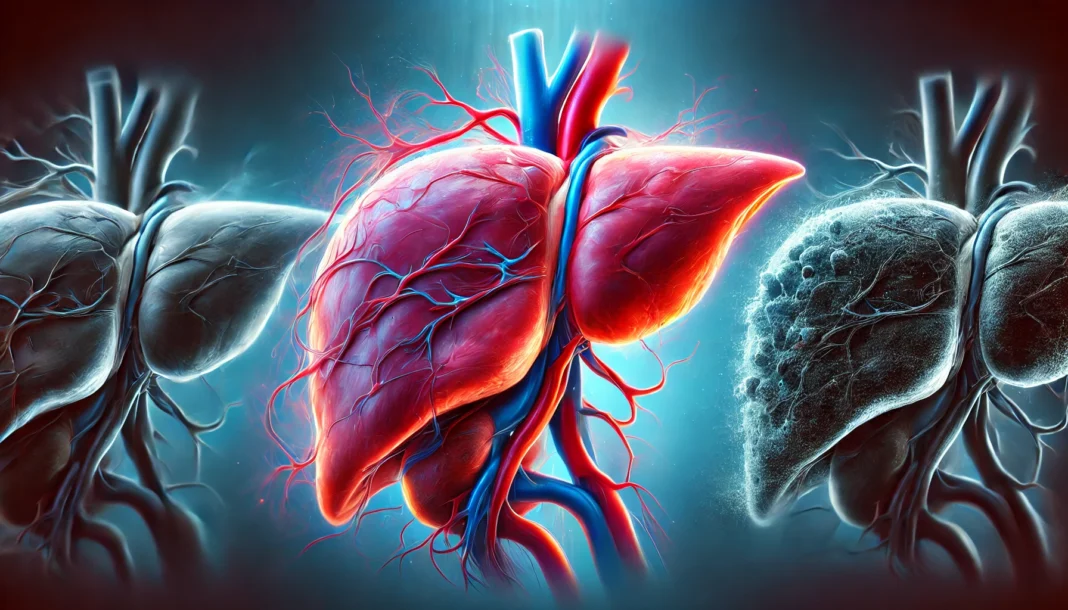 A detailed medical illustration depicting the progression of liver disease, showing three stages: a healthy liver (pink and smooth), an inflamed liver (reddish and swollen), and a severely damaged liver (dark and rough-textured). The background has a clinical blue gradient, providing a professional and educational medical visualization
