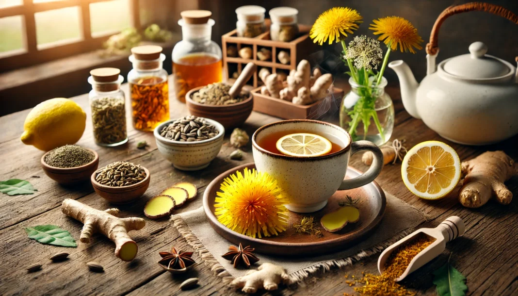 A steaming cup of liver detox herbal tea on a rustic wooden table, surrounded by natural detoxifying ingredients including dandelion root, milk thistle seeds, turmeric, ginger, and fresh lemon slices. The scene is warmly lit, creating a cozy and inviting atmosphere