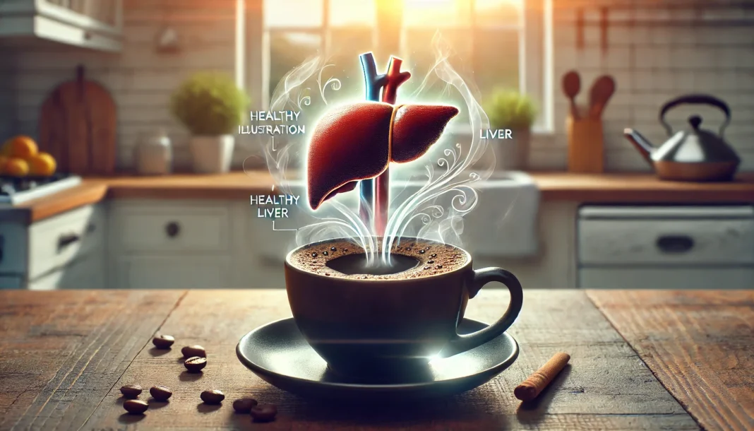 A steaming cup of black coffee sits in a cozy kitchen setting with soft morning light streaming through the window. The steam subtly forms a medical illustration of a healthy liver, symbolizing coffee's potential benefits for liver health. The scene evokes a sense of warmth, wellness, and natural healing