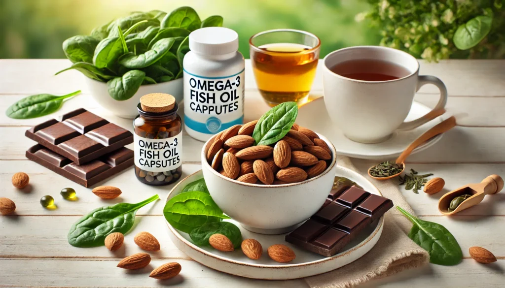 A white ceramic bowl filled with almonds, dark chocolate, and green tea leaves, surrounded by spinach, a bottle of Omega-3 fish oil capsules, and a cup of herbal tea, set on a light wooden surface with a green, natural backdrop.