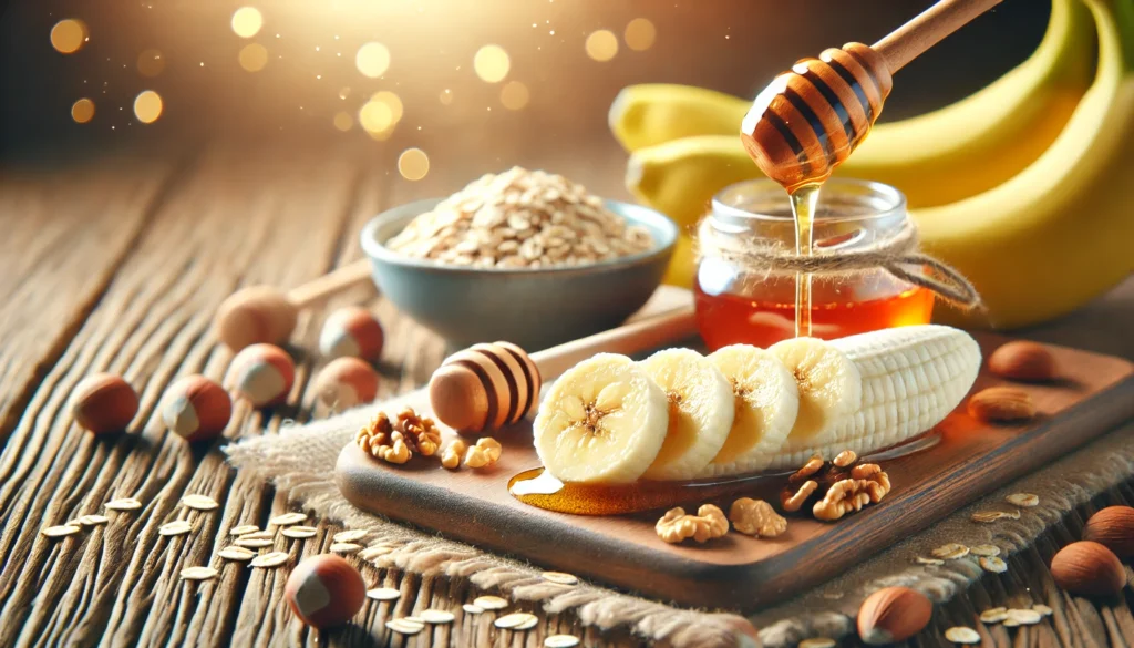 Sliced banana drizzled with honey and surrounded by oats and nuts, a healthy energy snack.