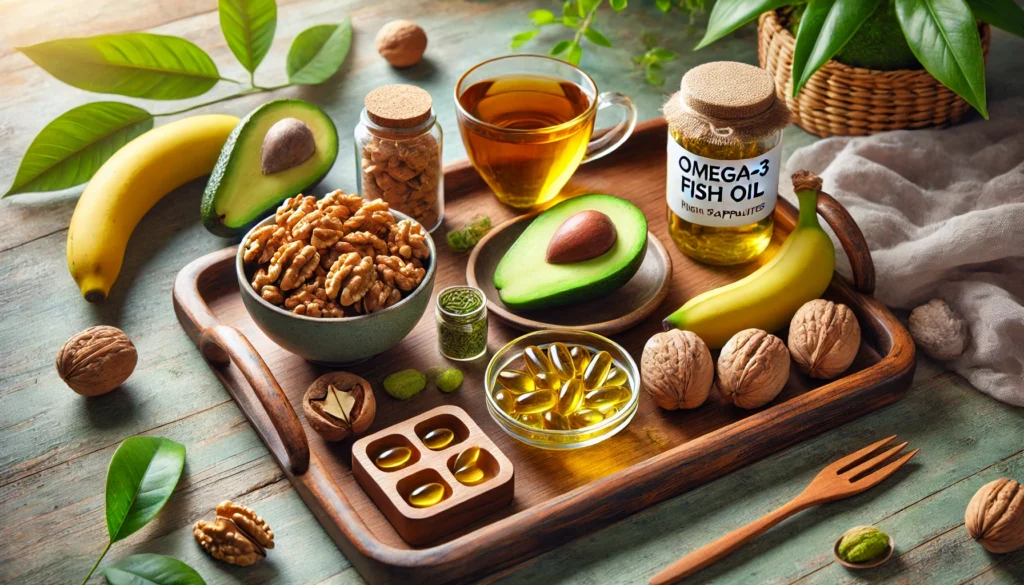 A wellness-inspired scene featuring a wooden tray with walnuts, avocados, bananas, and a cup of green tea, alongside a small glass container of omega-3 fish oil capsules. The soft natural lighting highlights a balanced and healthy lifestyle.