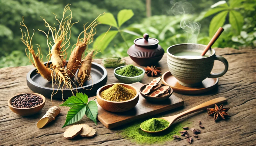 A rustic setting displaying natural dopamine-enhancing supplements like fresh ginseng roots, ashwagandha powder, and a steaming cup of matcha tea. A bowl of fermented kimchi and cacao nibs complete the arrangement, promoting mental clarity and brain health.