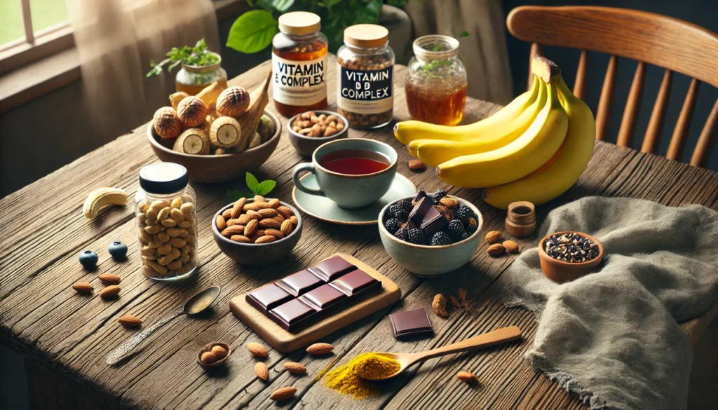 A cozy wooden table showcasing dopamine-enhancing foods, including bananas, dark chocolate, a cup of herbal tea, almonds, and a bowl of mixed berries. A bottle of vitamin B complex capsules and a spoonful of turmeric powder highlight the theme of brain health, focus, and mental clarity.