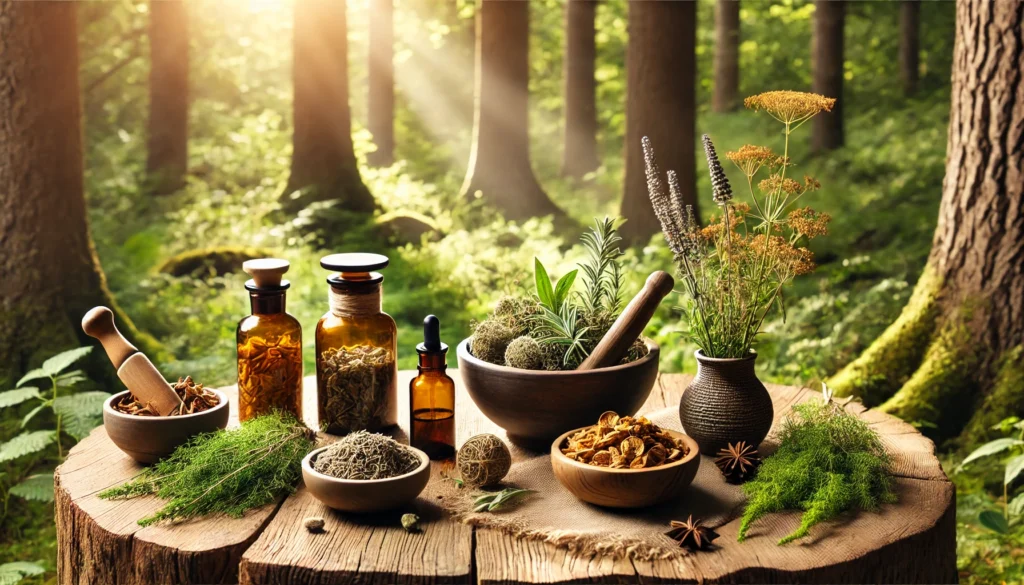 A tranquil forest apothecary with Ashwagandha, Rhodiola Rosea, and Sage in glass jars and wooden bowls, representing nature’s best herbal solutions for mental focus.