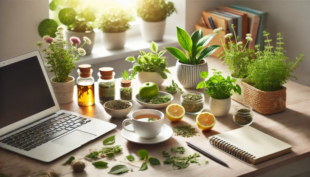 A well-lit home workspace with a cup of herbal tea, fresh Lemon Balm, Green Tea leaves, and Brahmi, symbolizing clarity, productivity, and natural cognitive support.