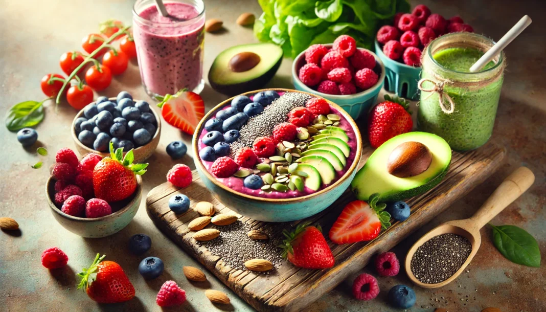 A vibrant spread of energizing foods including mixed berries, avocado slices, almonds, and a smoothie bowl with chia seeds, placed on a wooden table in natural light