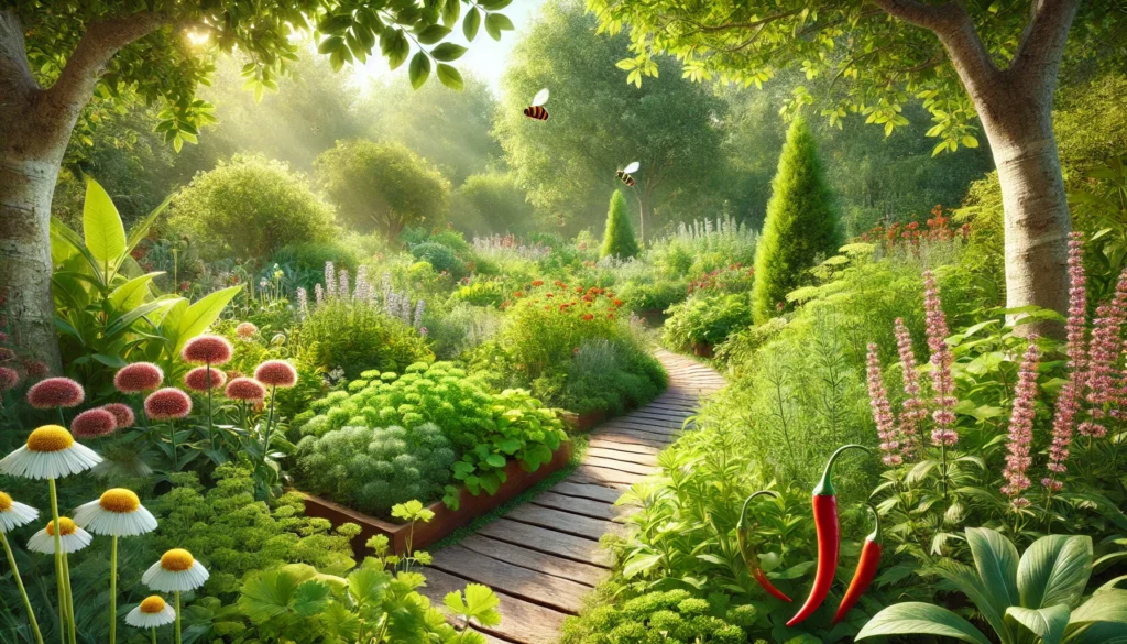 A lush herbal garden featuring heart-healthy plants such as parsley, ginkgo biloba, and cayenne pepper, bathed in sunlight with a winding garden path and buzzing pollinators.