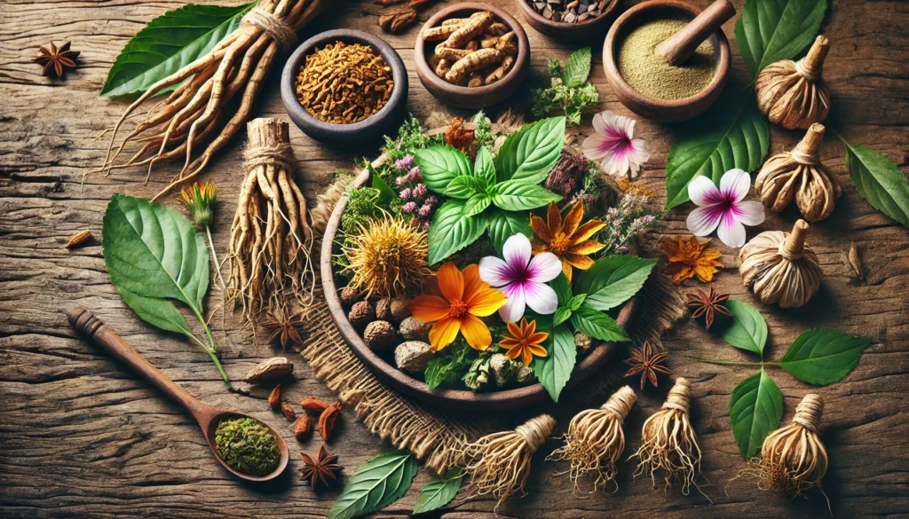 Best Herbal Remedies for a Non-Caffeine Energy Boost: How to Get More Energy in the Morning Naturally 1 Fresh adaptogenic herbs including ashwagandha, rhodiola, and holy basil arranged on a rustic wooden table, representing natural energy boosters without caffeine.