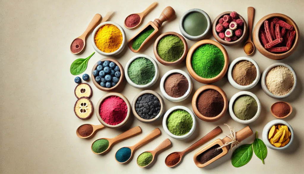 Assorted herbal powders including moringa, spirulina, and maca root displayed in small bowls and wooden spoons, natural herbal supplements for energy without caffeine.