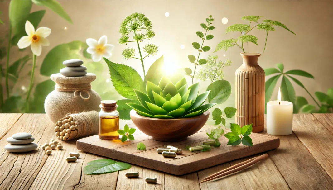 Arrangement of matcha powder, turmeric roots, ginger slices, and ashwagandha capsules on a natural background, visually symbolizing herbal remedies that enhance energy and motivation