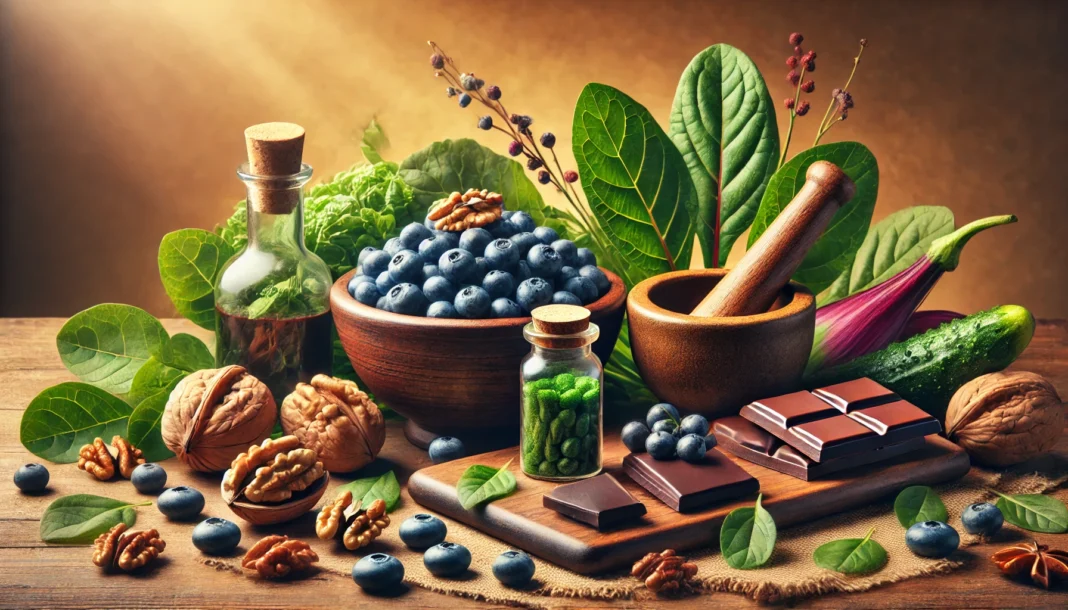 A vibrant still life of natural memory-boosting foods and supplements, including walnuts, blueberries, dark chocolate, leafy greens, and herbal capsules in a mortar and pestle, set in warm natural light.