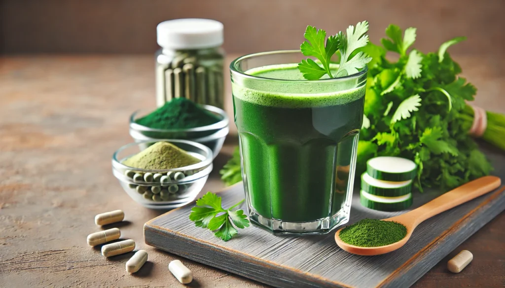 A healthy detox smoothie made with spirulina, chlorella, and fresh cilantro, placed on a clean wooden surface with additional detox supplements nearby, representing mercury detoxification.