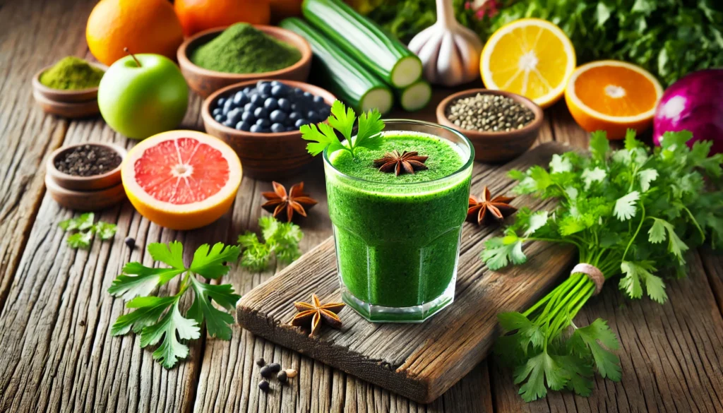 A refreshing detox smoothie made with ingredients like cilantro, spirulina, and citrus fruits, served in a glass on a rustic wooden table, surrounded by fresh detoxifying foods and herbs.