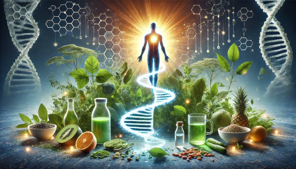 A conceptual detox scene illustrating the removal of excess manganese from the body, featuring a glowing human silhouette surrounded by detoxifying elements like leafy greens, clean water, and antioxidants, symbolizing health restoration.