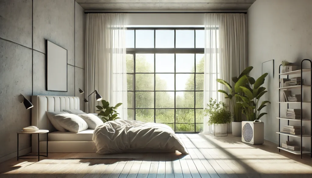 A spacious bedroom with large open windows allowing fresh air and sunlight to enter, featuring houseplants and an air purifier, symbolizing a mold-free and detoxified living space.