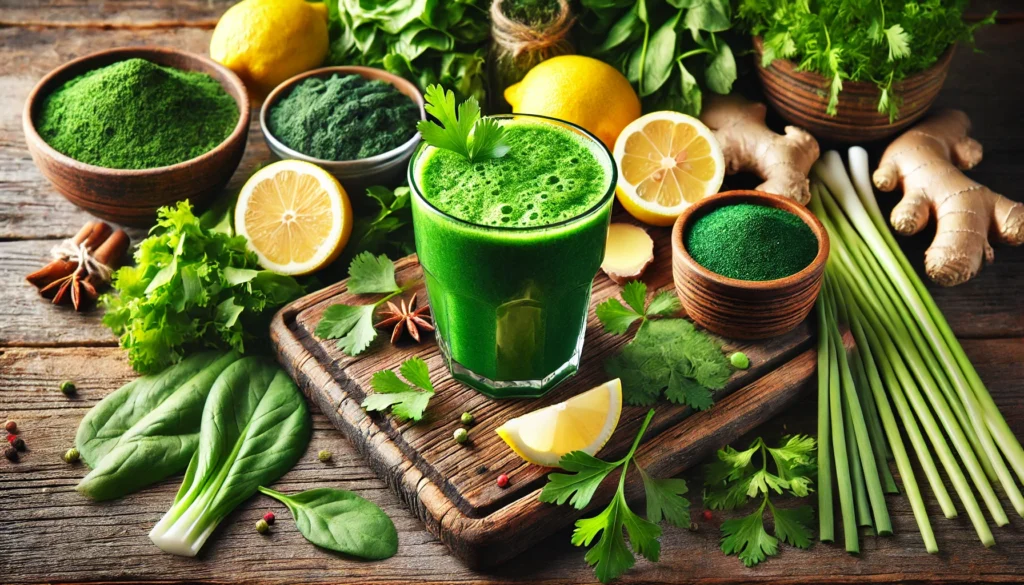 A vibrant green smoothie made from chlorella, spirulina, and cilantro, placed on a rustic wooden table with lemons, ginger, and leafy greens, representing natural mercury detoxification.