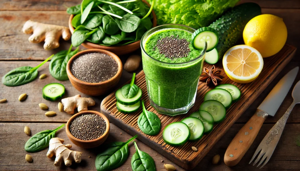 A refreshing detox smoothie made with cleansing ingredients like spinach, cucumber, lemon, ginger, and chia seeds, served in a glass and placed on a rustic wooden table with fresh detoxifying foods.