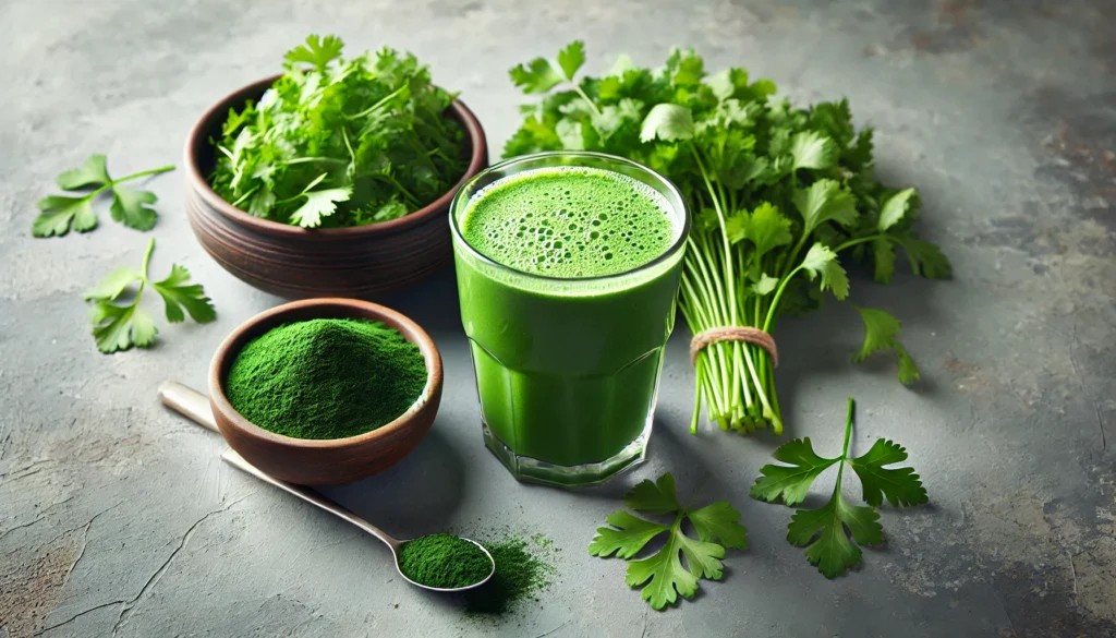 A glass of fresh, vibrant green detox smoothie placed next to a bowl of cilantro, parsley, and spirulina powder, highlighting natural ingredients known to help cleanse the body of lead.