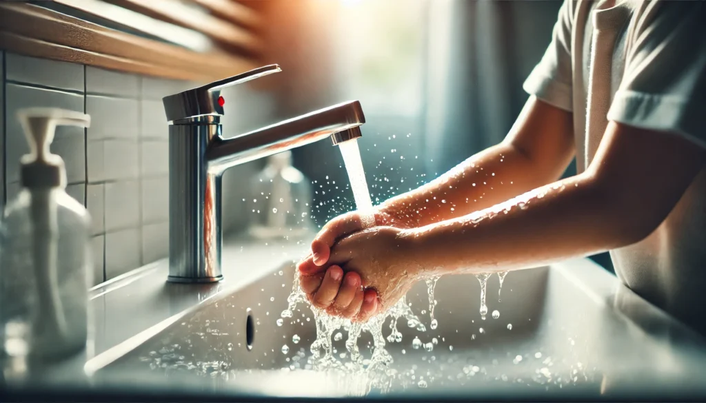 A child washing hands thoroughly under running water in a bright, clean bathroom, emphasizing hygiene and the importance of removing potential lead dust to prevent lead poisoning.