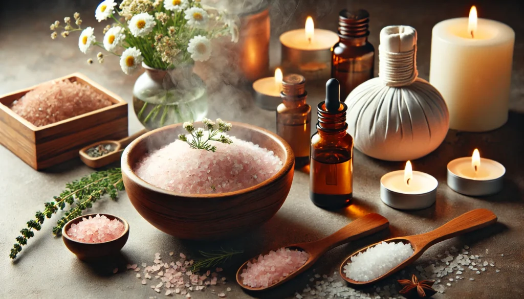 A spa-like setting featuring a bowl of detoxifying herbal bath salts next to a steaming bowl of water infused with essential oils, surrounded by candles and fresh flowers, representing natural body detoxification.