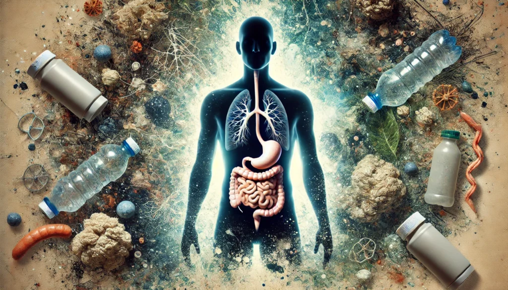 A symbolic representation of the body's struggle with hidden toxicity, showing a human silhouette with faint dark areas in the digestive and nervous systems, with an abstract background blending environmental pollutants and metabolic waste.