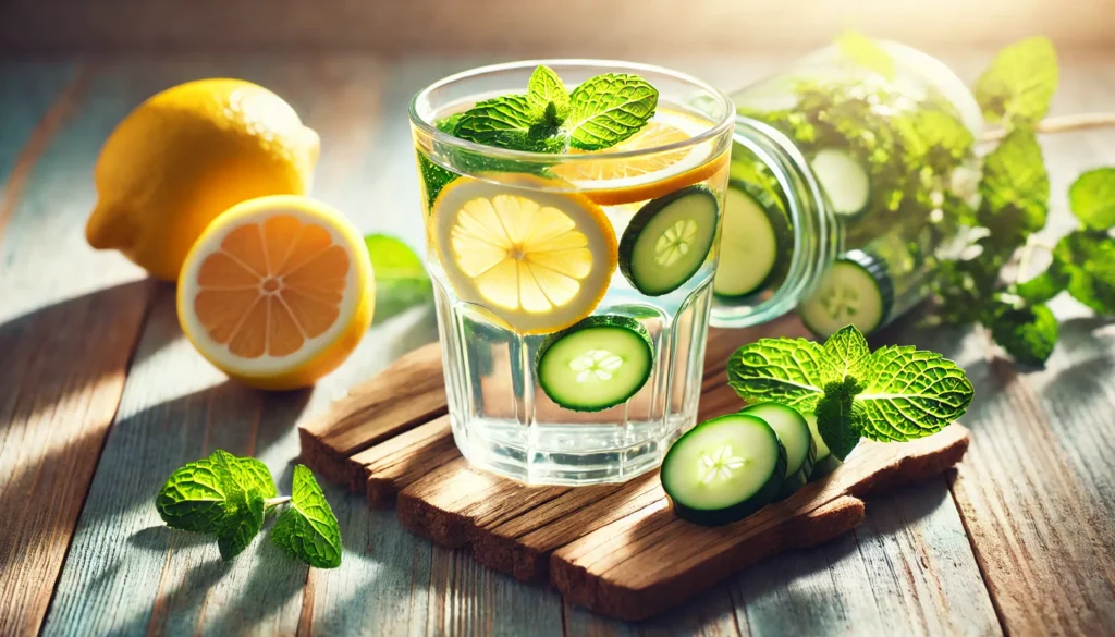 A refreshing glass of detox water infused with lemon, cucumber, and fresh mint leaves, placed on a natural wooden surface with soft sunlight filtering through, symbolizing hydration and cleansing for lead detoxification.