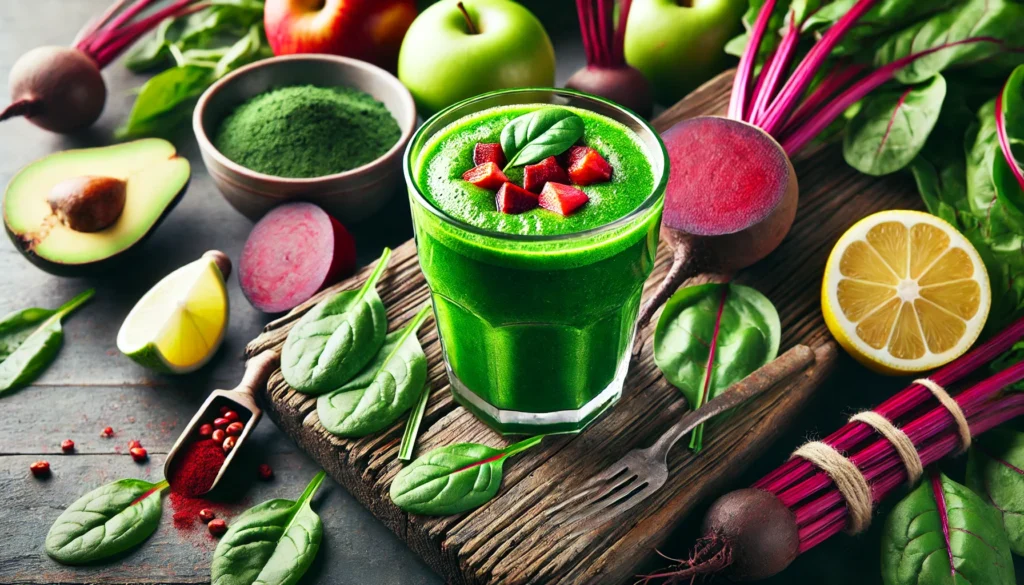 A refreshing green smoothie made from iron-rich ingredients like spinach, beetroot, and spirulina, served in a glass with fresh fruits and detoxifying herbs on a rustic wooden table.