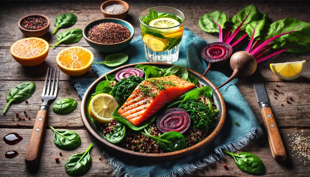 A nutritious meal featuring grilled salmon, sautéed spinach, quinoa, and roasted beets, plated on a rustic wooden table with fresh herbs and a glass of citrus-infused water, symbolizing iron absorption and detoxification.