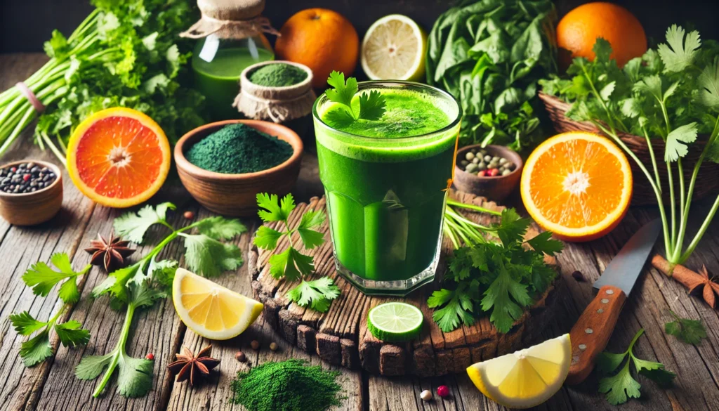 A vibrant detox smoothie made from ingredients like cilantro, spirulina, and citrus fruits, served in a glass and placed on a rustic wooden table surrounded by fresh detoxifying herbs and fruits.