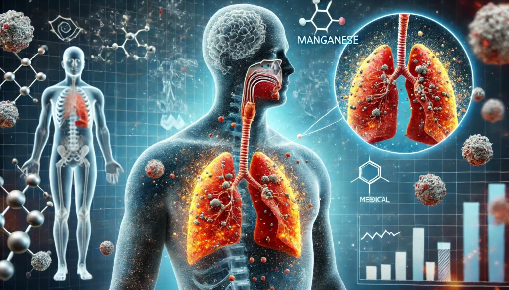 A scientific illustration of the human respiratory system showing inflamed airways and floating particles, representing manganese inhalation and its impact on lung health.