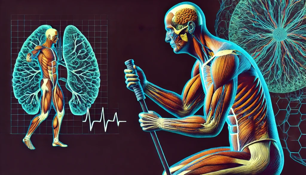 A medical illustration highlighting the effects of manganese toxicity on the muscular system, showing areas of weakness, stiffness, and tremors related to neurological and motor impairments.