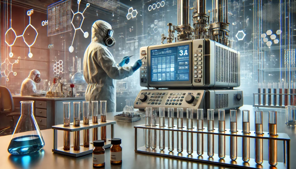 A scientist in protective gear operating a high-tech mass spectrometer in a laboratory, surrounded by test tubes and chemical reagents, analyzing samples for heavy metals.