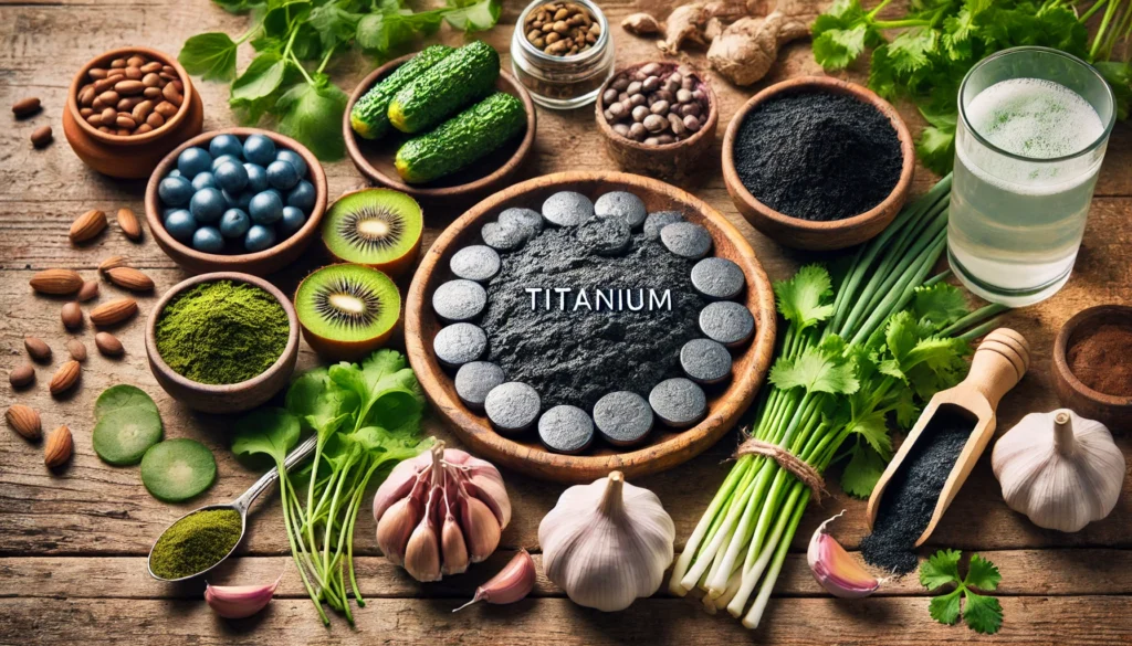 A natural detox concept featuring foods and supplements like chlorella, spirulina, garlic, cilantro, and activated charcoal, arranged on a rustic wooden table to symbolize cleansing and detoxification.