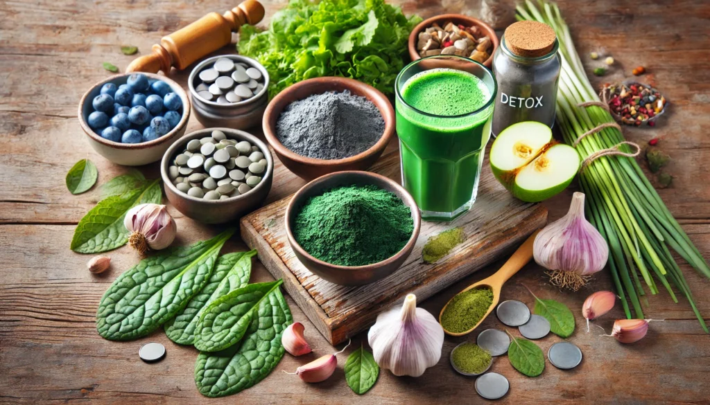 A natural detox scene featuring cleansing herbs and supplements like chlorella, bentonite clay, garlic, and spirulina, displayed on a rustic wooden table with a fresh, vibrant aesthetic symbolizing purification and heavy metal detox.