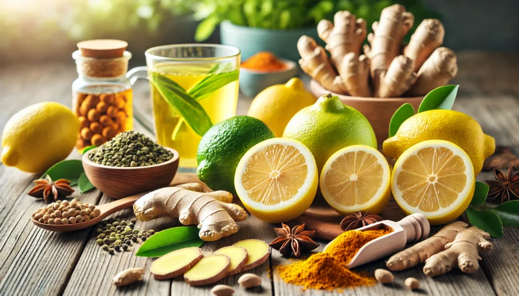 A close-up of fresh detox ingredients, including ginger, lemon, turmeric, and green tea, arranged on a wooden table, symbolizing the power of nutrition in detoxifying the body.