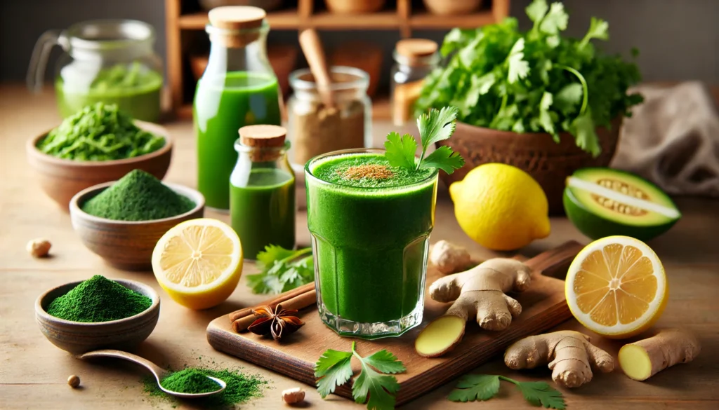 A glass of fresh green detox smoothie on a wooden kitchen counter, surrounded by detoxifying ingredients like cilantro, lemon, ginger, and spirulina powder, symbolizing natural mold detoxification through nutrition.