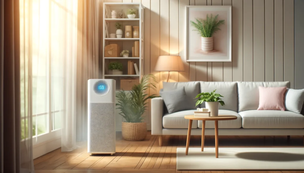 A clean and well-maintained home environment featuring a HEPA air purifier running in the living room, with natural sunlight filtering through the windows, symbolizing efforts to reduce lead dust exposure indoors.