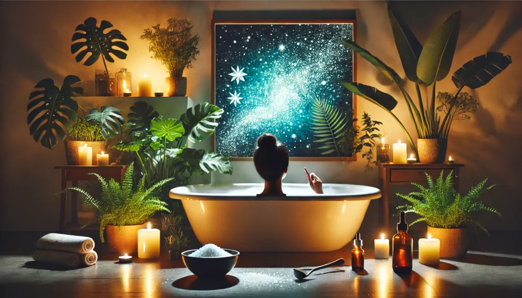 A serene wellness scene featuring a person enjoying a detox bath with Epsom salt and essential oils, surrounded by candles and green plants in a soothing, dimly lit environment.