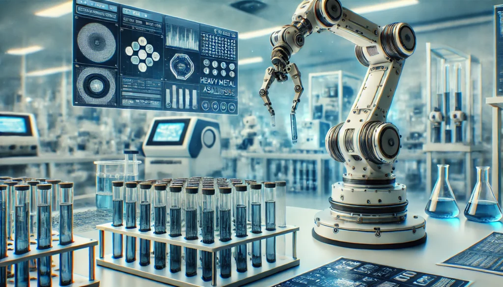 A high-tech laboratory featuring a robotic arm handling test tubes filled with liquid samples for heavy metal analysis, set against a futuristic and sterile environment with advanced analytical instruments.