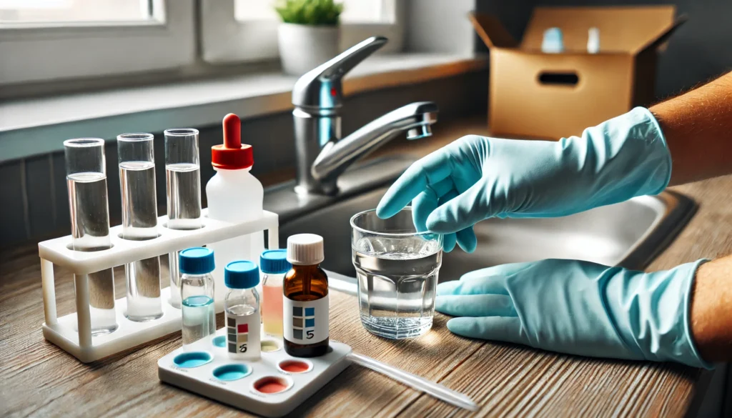 A close-up of a person wearing protective gloves using a water testing kit with vials and chemical reagents to check for lead contamination in drinking water.