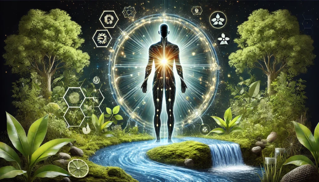 A conceptual detox illustration of a human silhouette with glowing detox pathways, surrounded by flowing water, green foliage, and natural cleansing elements, symbolizing titanium removal and health restoration.